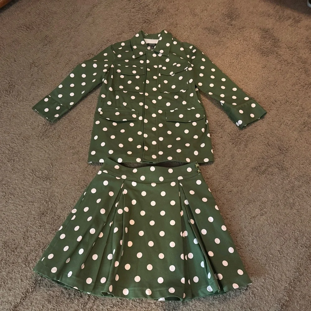 Halogen x Atlantic Pacific Green Polka Dot Skirt Suit Set Jacket Circle Skirt M - Picture 2 of 12
